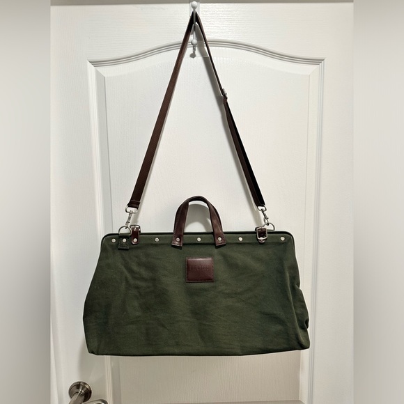 Canvas Weekender Bag LINE OF TRADE Olive Green Canvas Leather Trim - NWOT - Picture 2 of 13